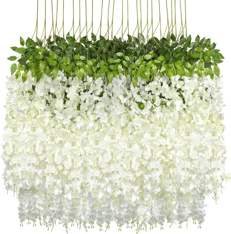 Photo 1 of Pauwer Wisteria Hanging Flowers 24 Pack Fake Flower Garland Artificial Wisteria Vines Rattan Silk Flower String Wedding Party Home Decorations,White White 24