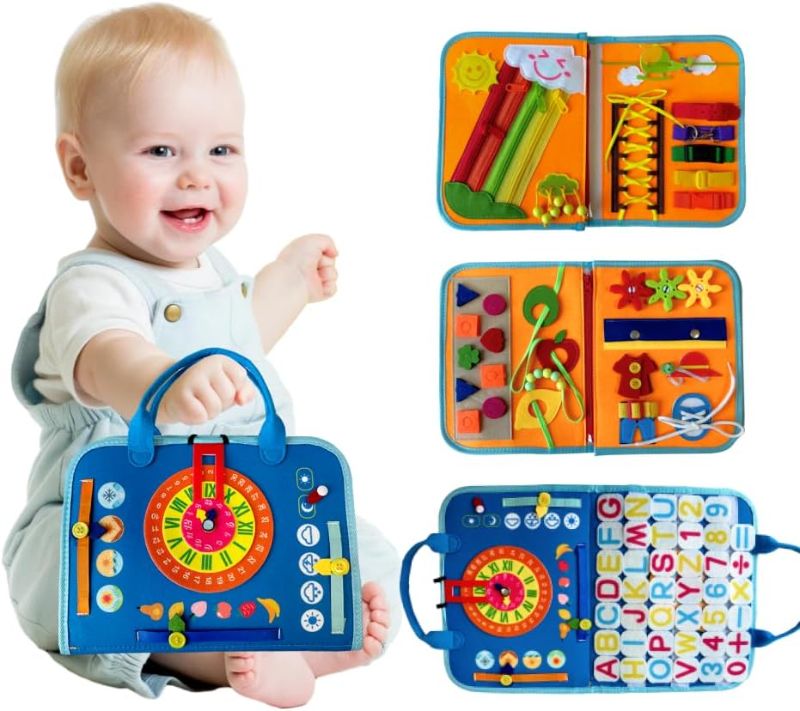 Photo 1 of Jofulity Montessori Busy Board for Toddlers - 1 2 3 4 Year Old Learning Toy with Life Skills, Alphabet, Numbers, Shapes, Colors, Animals, and Weather for Boys and Girls 
