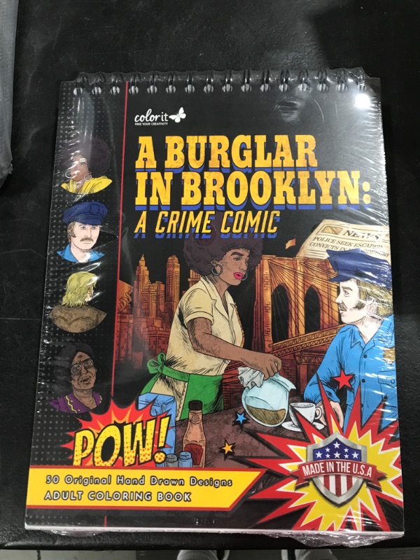 Photo 2 of ColorIt A Burglar in Brooklyn: A Crime Comic Adult Coloring Book, 50 Illustrations About a 1970s Notorious Crime Story, Spiral Binding, USA Printed, Lay Flat Hardback Book Cover, Ink Blotter