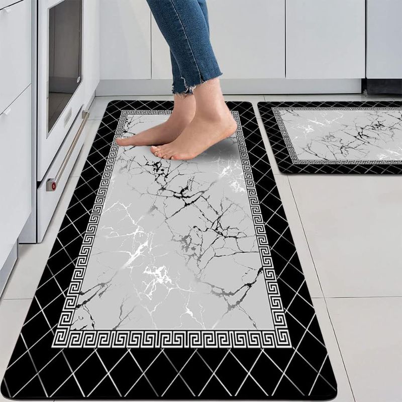 Photo 1 of EMMTEEY Marble Kitchen Mat Black Farmhouse Kitchen Rug Abstract Modern Carpet Greek Frame Geometric and Marble Anti Fatigue Mats for Kitchen Floor Laundry Office Sink 