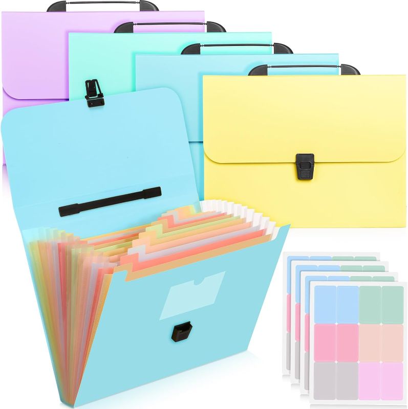 Photo 1 of Cholemy 4 Pcs 13 Pockets Expanding File Folder with Handle Portable File Organizer with Labels A4 Letter Size Receipt Expandable Plastic Document Organizer for Office Classroom (Soft Color)