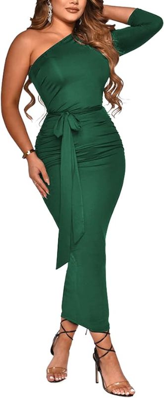 Photo 1 of GEMEIQ Women's Sexy Elegant One Shoulder Dress 3/4 Sleeve Cocktail Party Ruched Bodycon Long Dress ---xxl
