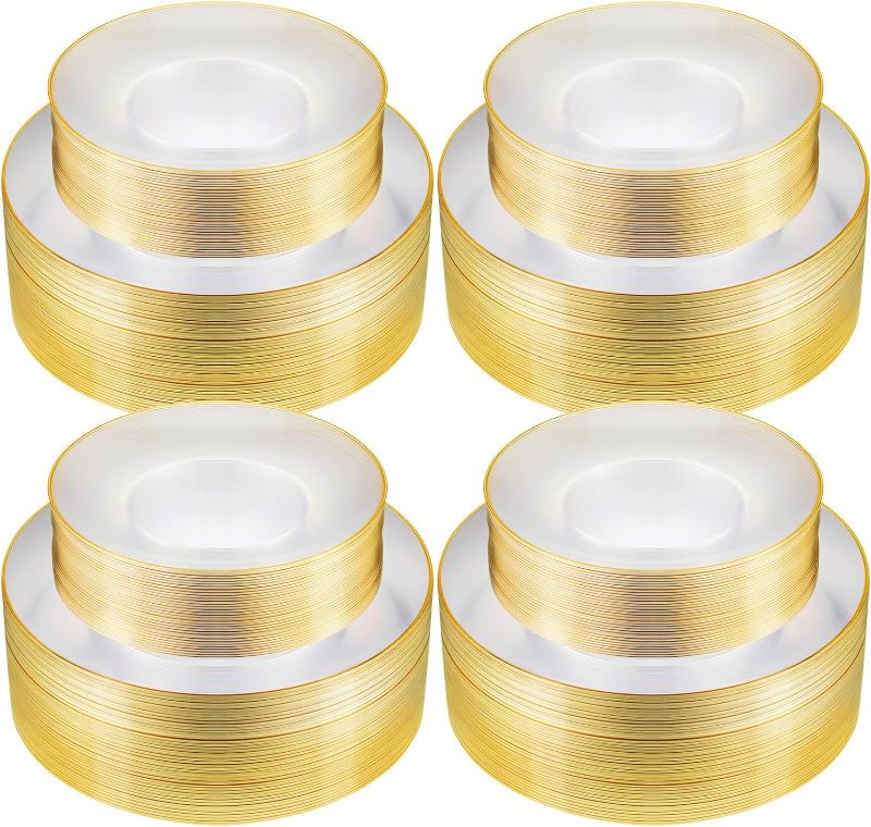 Photo 1 of Zhehao 120 Pcs Clear Gold Plastic Plates Gold Disposable Plates with Gold Trim Include 60 Party Plates 10.25 Inches 60 Dessert Plates 7.5 Inch Disposable Dinnerware Set for Dinner Birthday Wedding 