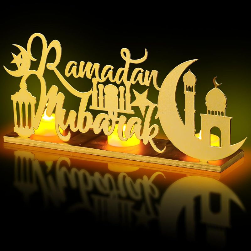 Photo 1 of SiliFine 2 Pack Metal Ramadan Mubarak Sign with Wood Base and 3 LED Candles Eid Mubarak Decorations Kareem Ramadan Decor Islamic Tabletop Decors Moon Stand Letters for Muslim Mosque Party Gifts 