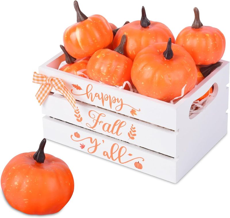 Photo 1 of 10 Pcs Thanksgiving Pumpkin Mini Wood Crate Set Happy Fall Y'all Table Centerpiece Artificial Pumpkins Fall Table Decor Harvest Tiered Tray Decorations for Thanksgiving Gift Kitchen Home Decor 