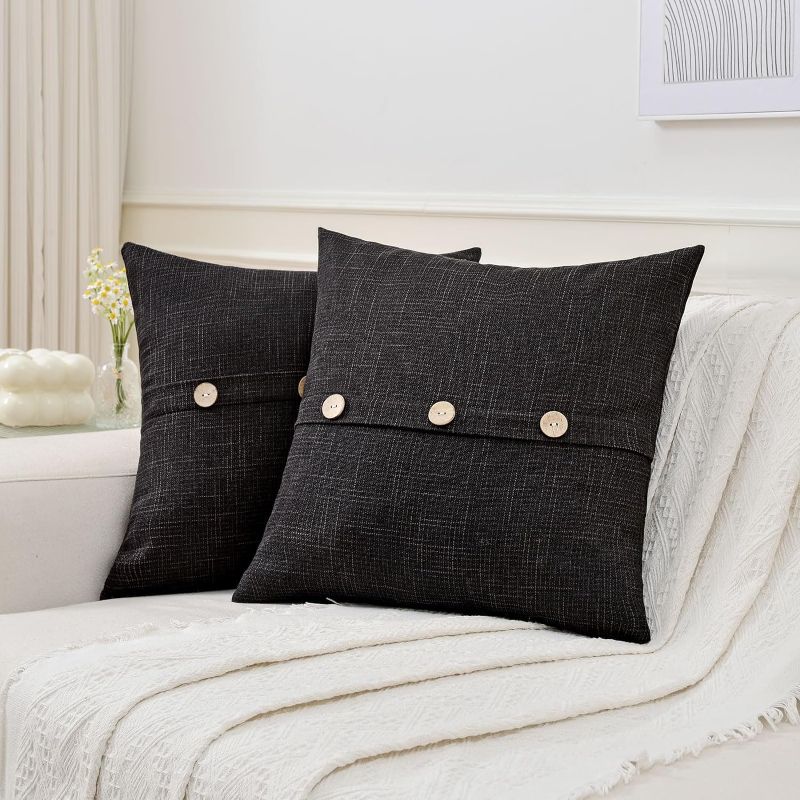 Photo 1 of Ikuoic Black Linen Decorative Throw Pillow Covers 16x16 Inch Set of 2, Euro Square Cushion Case with 3 Vintage Buttons/Hidden Zipper,Modern Farmhouse Home...
