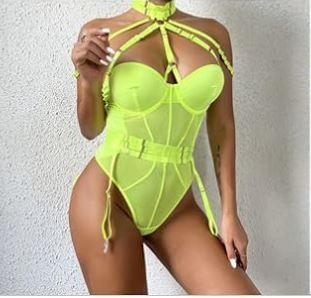 Photo 1 of ABAFIP Women Rave Outfits Halter Bustier Corset Leotard Bodysuit Top Garters Belt Musical Festival Dancewear Teddy --SMALL