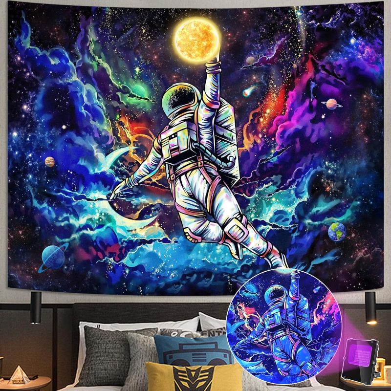 Photo 1 of kampdream Blacklight Astronaut Space Tapestry, UV Reactive Galaxy Universe Planet Glow in Dark Tapestries for Men, Boys and Teens Cool Poster 36×48 inch
