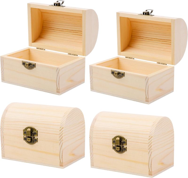 Photo 1 of ADXCO 4 Pieces Unfinished Wood Treasure Chest Pine Wood Box with Hinged Lid Wooden Mini Treasure Box for DIY Crafts Art Hobbies Projects Jewelry Gift Storage, 4.7 x 3.5 x 3.1 Inch 