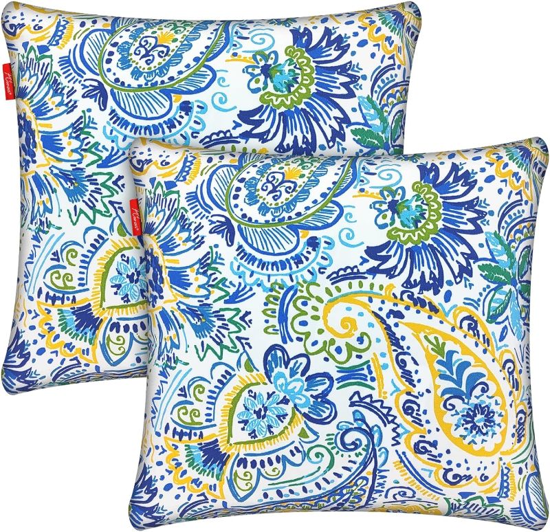 Photo 1 of Pcinfuns Outdoor/Indoor Throw Pillows,Decorative Water Repellent Pillows with Inserts,Square Pillows for Home Patio Coach Sofa Use,Blue Paisley,18×18 Inch,Pack of 2
