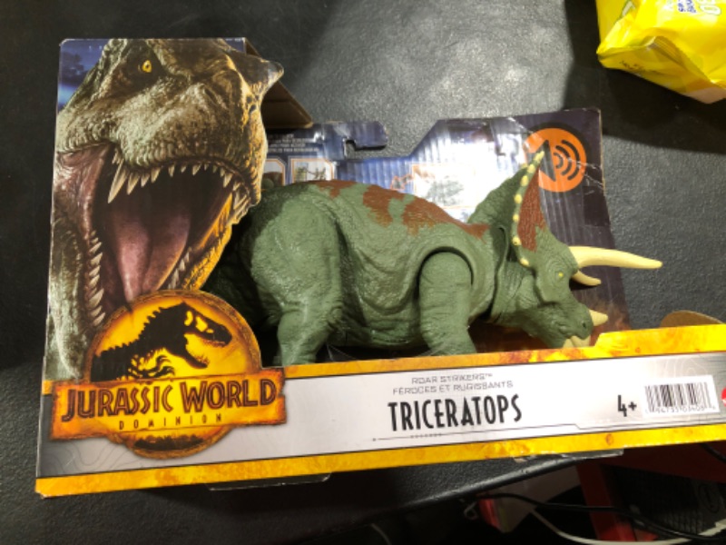 Photo 2 of Jurassic World Dominion Roar Strikers Triceratops Dinosaur Action Figure with Roaring Sound and Attack Action, Toy Gift Physical & Digital Play