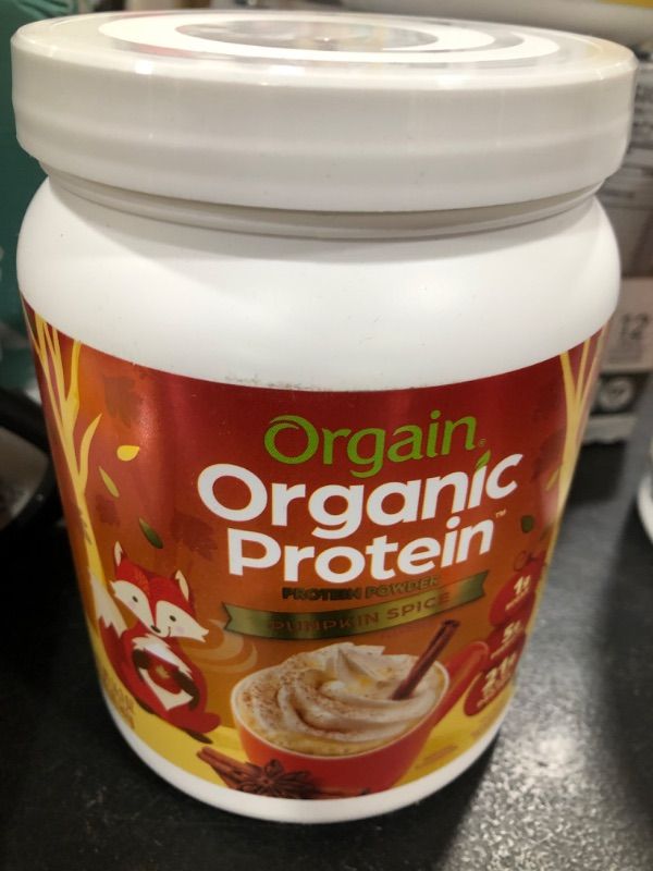 Photo 2 of Orgain Organic Vegan Protein Powder, Pumpkin Spice - 21g of Plant Based Protein, Non Dairy, Gluten Free, 1g of Sugar, Soy Free, Kosher, Non-GMO, 1.02 Lb (Packaging May Vary) Pumpkin Spice, 1lb--EXP 8/15/2024