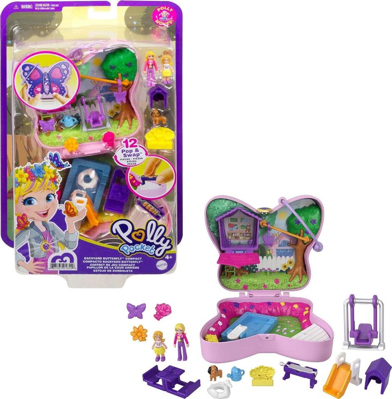 Photo 1 of Polly Pocket Backyard Butterfly Compact, Outdoor Theme with Micro Polly Doll, Polly’s Mom Doll 5 Reveals & 12 Accessories, Pop & Swap Feature, for Ages 4 Years Old & Up (Amazon Exclusive)