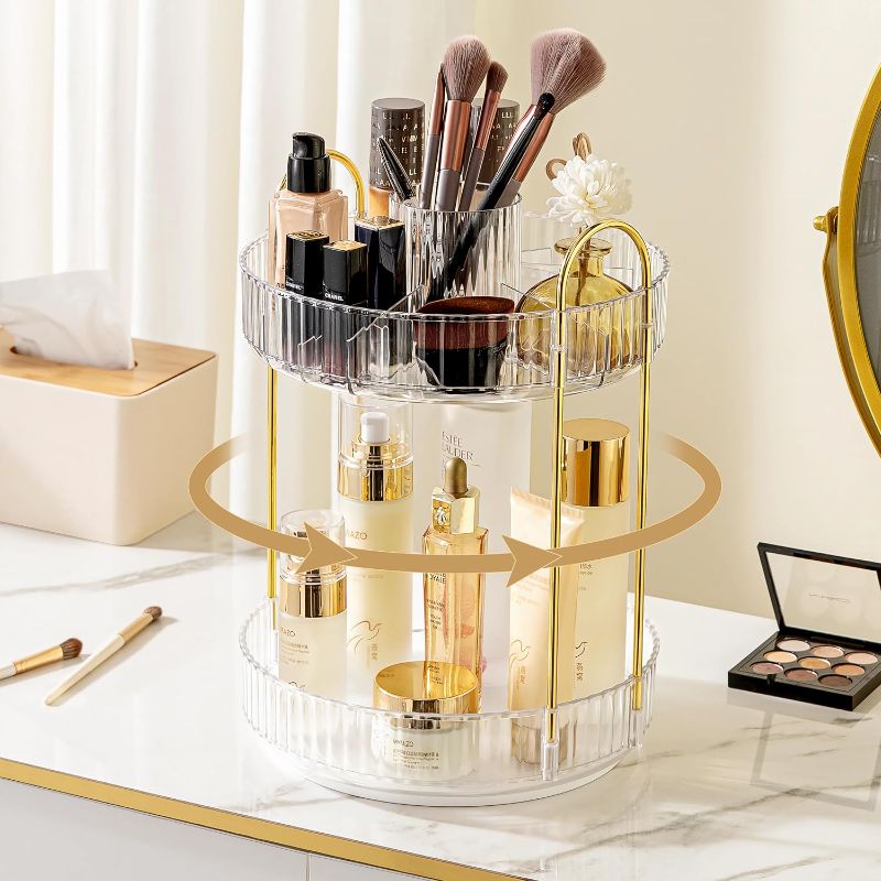 Photo 1 of INVSSENE 360 Rotating Makeup Organizer, Large Capacity Bathroom Organizer Countertop, 2 Tiers Make Up Organizers and Storage for Vanity, for Perfume, Skincare, Cosmetics, Lipsticks, Clear White 
