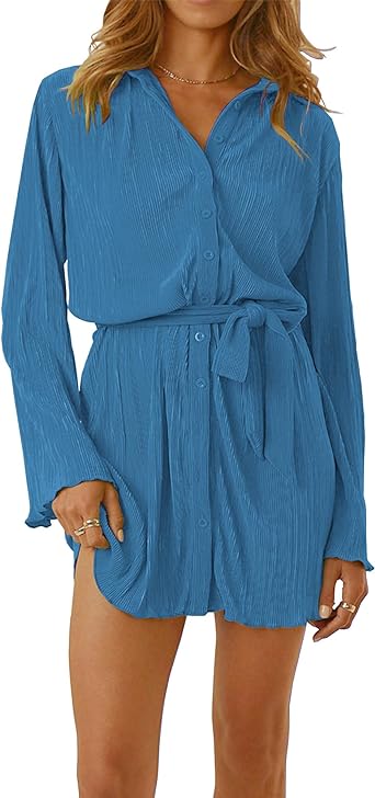 Photo 1 of Anytree Womens Pleated Dress Long Sleeve Button Down Casual Mini Shirt Dresses with Belt and Pockets Vintage Streetwear AD1---MED