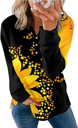 Photo 1 of BeadChica Women's Casual Tunic Tops Long Sleeve V Neck Shirts Botton Up Loose Fitting Henley Blouses --LARGE