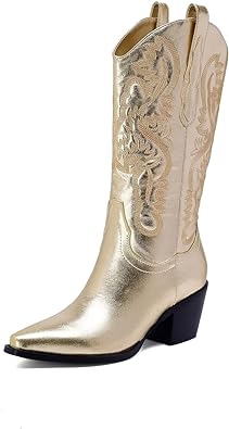 Photo 1 of CATISDRA Women's Vintage Boots Fashion Wild Western Cowboy Boots Pointed Toe Chunky Heel Boots Shiny Embroidered Mid Boots--SIZE 8