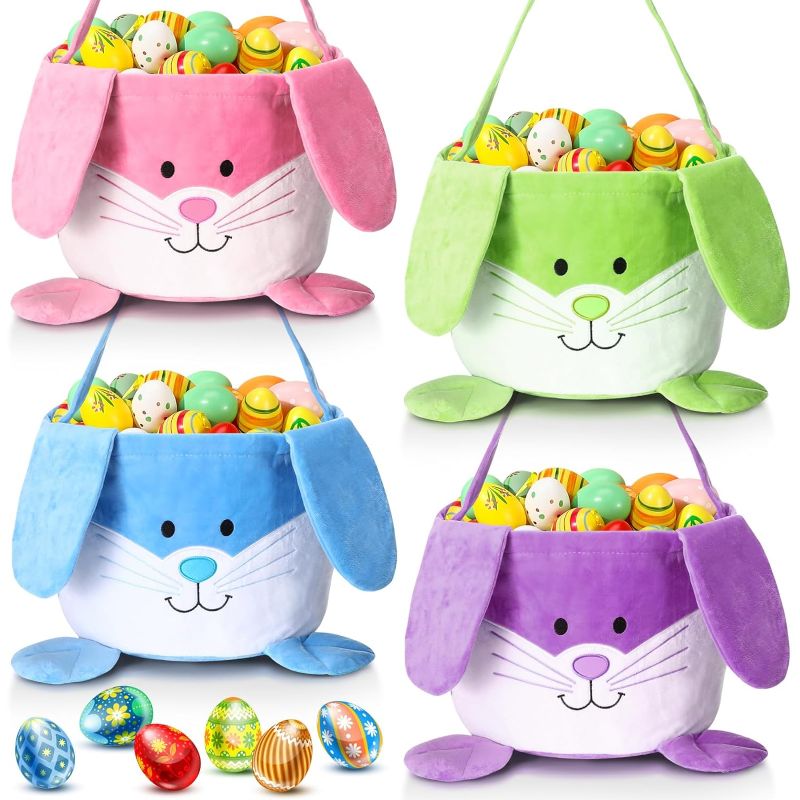 Photo 1 of Maxcheck 4 Pieces Plush Easter Bunny Basket for Kids Easter Buckets with Long Plush Ear Cute Foldable Egg Hunting Easter Bags Festival Gifts for Boys Girls Baby Toddler Candy 