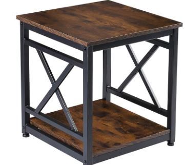 Photo 1 of  End Table Side Table with 2-Tier Storage Shelf, 18'' Square Nightstand Bedside Table X-Design Metal Frame for Living Room Bedroom, Rustic Brown