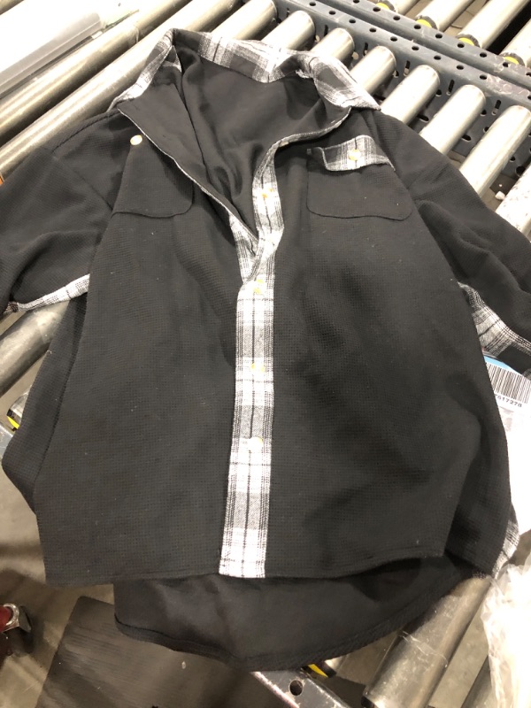 Photo 2 of SHEWIN Womens Waffle Knit Plaid Shacket Boyfriend Button Down Shirt Jacket Loose Long Sleeve Tops X-Large B Black