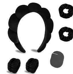 Photo 1 of CAVETEE Makeup Headband for Women, Skincare Headband for Washing Face, Cute Black Puffy Spa Headband with Wristband Scrunchies and Soft Compressed Facial Sponges for Women Girl (2 PK)