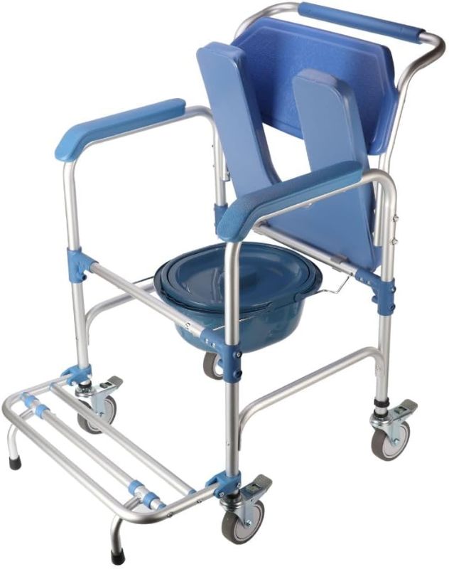 Photo 1 of MYOYAY Shower Chair with Wheels Lightweight Medical Toilet Rolling Shower Chair Commode Seat 3 in 1 Transport Beside Commode Chair with Arms and Removable Seat, 330 lbs Weight Capacity
