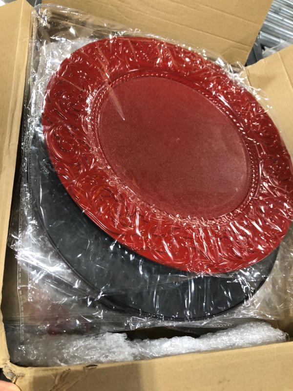 Photo 2 of 50 Pcs Antique Charger Plates Bulk 13 Inch Embossed Rim Plastic Charger Plate Decorative Round Plate Chargers for Dinner Wedding Party Event Table Setting Decoration (Red)