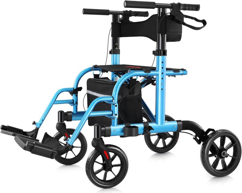 Photo 1 of 2 in 1 Rollator Walker Transport Chair for Seniors, 10” Wheels Medical Rollator for Seniors with Widen Seat Backrest, Detachable & Adjustable Footrests Folding Walker Wheelchair Combo, Blue
