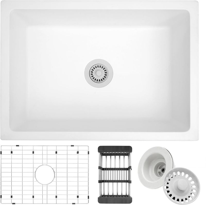 Photo 1 of 27 White Granite Composite Kitchen Sink, Hugsleek Undermount Granite Sink Quartz 27x18 inch White Kitchen Sink Under Counter Single Bowl Sinks Basin With Gold Sink Accessories