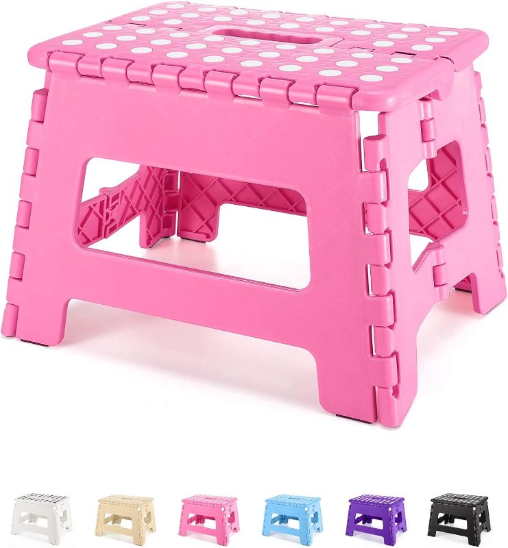 Photo 1 of Dyforce Folding Step Stool 9", Durable Kids Step Stool, Heavy Duty Step Stools for Adults, Compact Foot Stools, Light-Weight Toddler Step Stool for Kitchen, Bathroom, Holds Up to 300 lbs (Pink)
