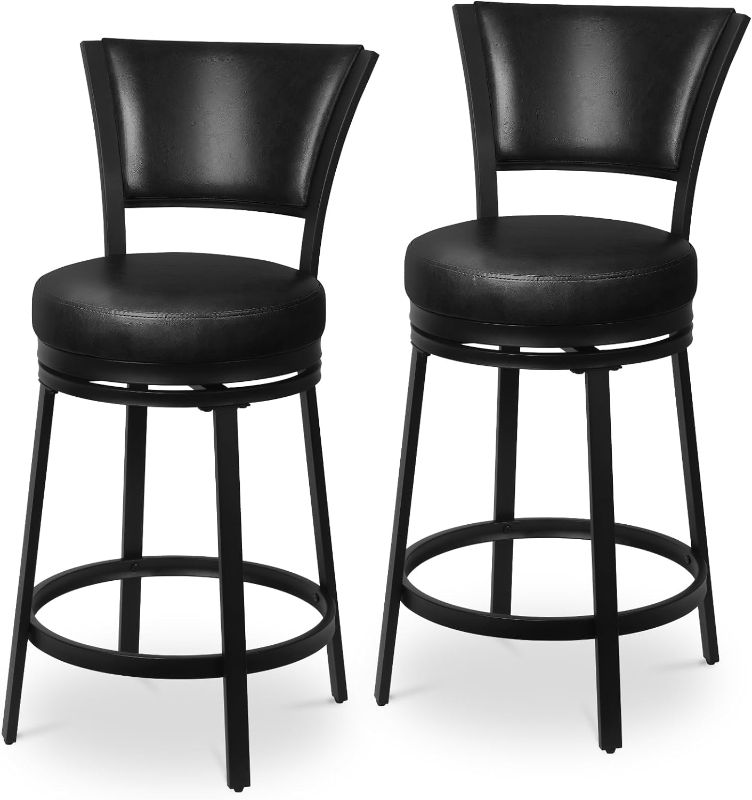 Photo 1 of HYCFYJR Bar Stools Set of 2, 25" Swivel Bar Stools with Back, 360° Swivel Round Counter Height Bar Stools, Upholstered Bar Chair with Metal Frame, Counter Stools for Kitchen Counter Bar Island, Black
