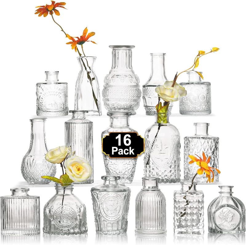 Photo 1 of Arme 16Pcs Glass Bud Vase Set?Small Flower Vase for Centerpieces?Clear Bud Vases in Bulk? Mini Vintage Vase for Rustic Wedding Decorations
