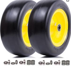 Photo 1 of 11x4.00-5 Flat Free Smooth Lawn mower Tire Assembly,with 3/4" or 5/8" & 1/2" Precision bearings, 3.4"-5.6" Centered Hub, Replacement for Front Zero-Turn Riding Lawn Mowers & Garden Tractor (2 Pack)