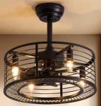 Photo 1 of Antoine Modern Industrial Low Profile Enclosed 18-in Black Cage Downrod Farmhouse Indoor Cage Ceiling Fan with Light Remote