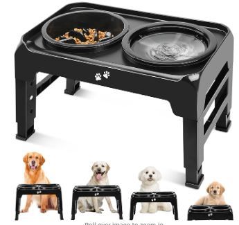 Photo 1 of 2-in-1 Elevated Slow Feeder Dog Bowls with No Spill Dog Water Bowl, 4 Height Adjustable Raised Dog Bowl Stand, Non-Slip & Anti-Dust Dog Food and Water Bowls for Medium Large Dogs, Black