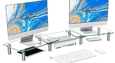 Photo 1 of Glass Monitor Stand Riser, 3-Shelf Tempered Glass Monitor Stand, Clear Monitor Riser for 2 Monitors, Adjustable Length& Angle Computer Monitor Riser for Computer, Laptop, PC