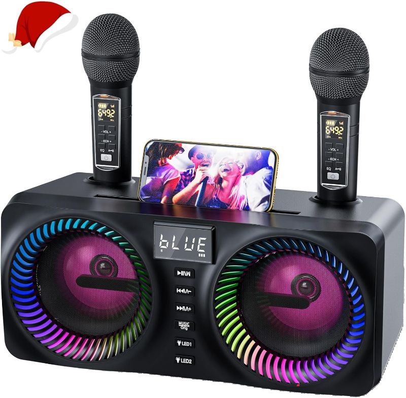 Photo 1 of MusyVocay Karaoke Machine for Kids Adults,Portable Bluetooth Speaker with 9 Modes LED Lights, Lyric Display&2 UHF Wireless Microphones, PA System with Bass/Echo Adjustment for Home Party-Black