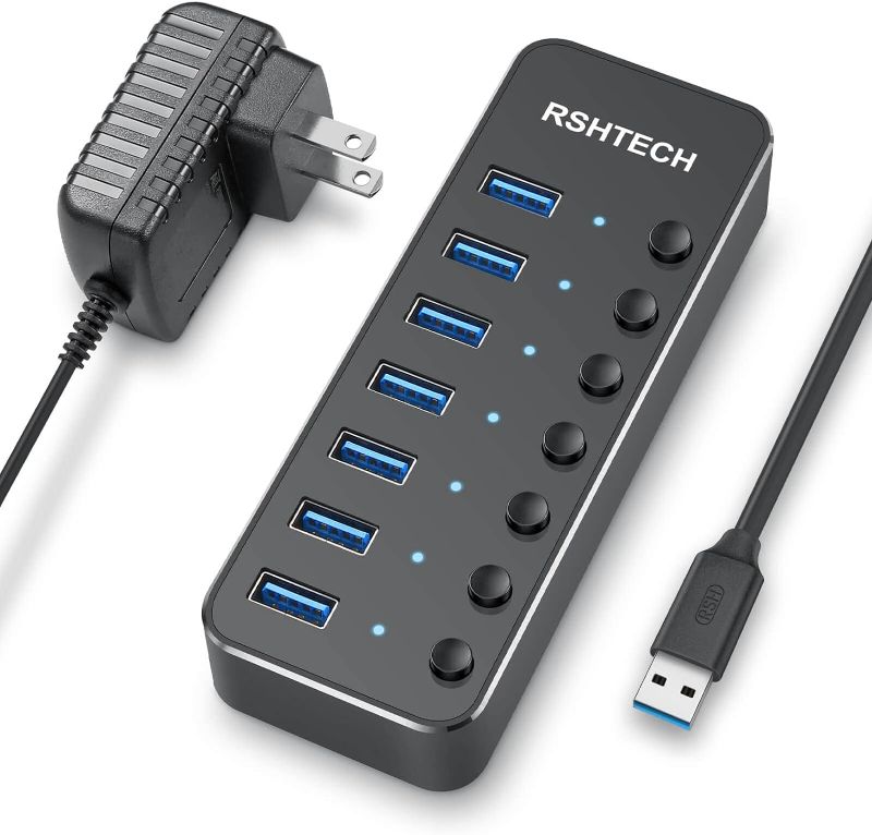 Photo 1 of RSHTECH 7-Port Powered USB 3.2/USB C Hub with 10Gbps USB-A 3.2, 2 USB-C 3.2, 4 USB 3.0 Ports, Individual Touch Switches, 3.3ft Cable and 5V Power Adapter, USB Hub Splitter for Laptop/PC, RSH-ST07C 7-Port Powered USB C/USB 3.2 Hub