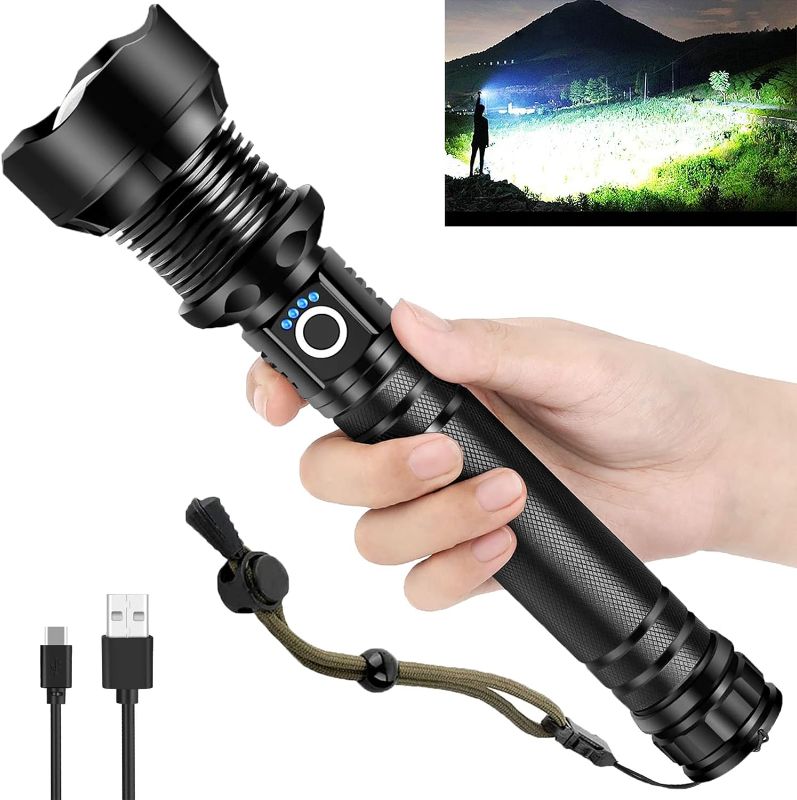 Photo 1 of OMALIGHT Rechargeable 990000 High Lumens LED Flashlights, XHP90.2 Super Bright Flashlight with Zoomable & 5 Modes & IPX7 Waterproof for Camping