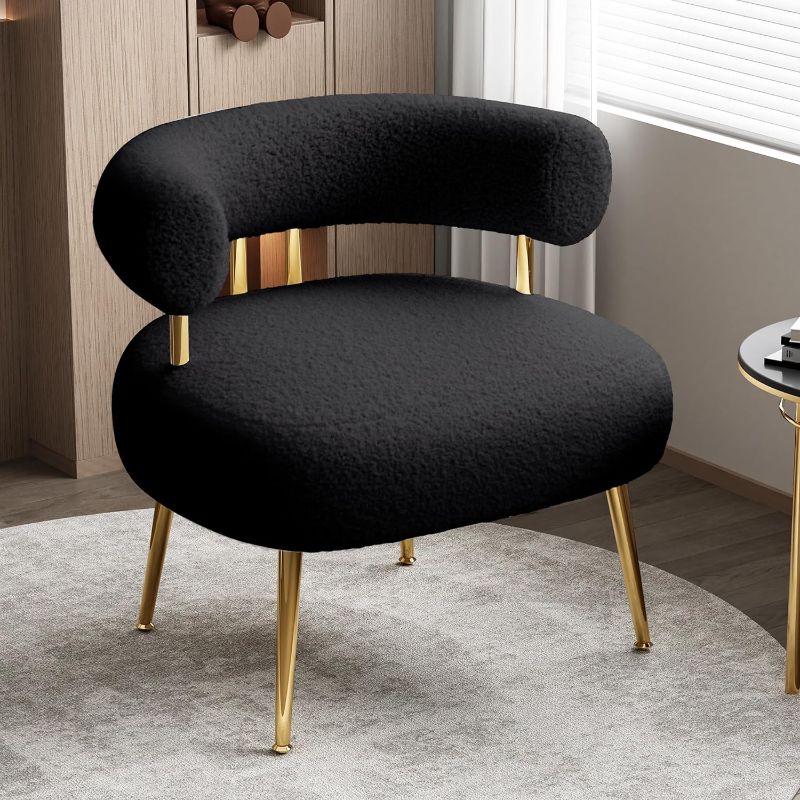 Photo 1 of SEYNAR Mid Century Sherpa Boucle Accent Chair, Round Upholstered Barrel Arm Chair for Small Spaces, Fluffy Side Corner Sofa Chair for Living Room, Bedroom, Vanity, Office, Reading Nook(Black)
