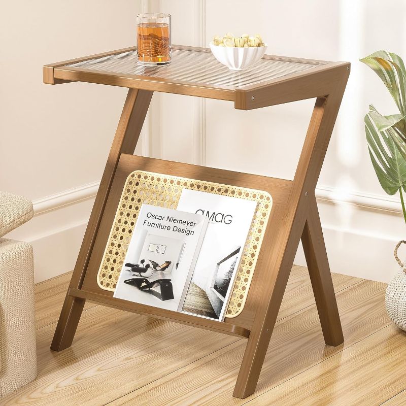 Photo 1 of Rattan Side Table End Table - Rattan Nightstand Mid Century Modern Side Table Bamboo Coffee Table Boho Bedside Table with Storage for Living Room Bedroom 17.7''(L) x 14.1''(W) x 22''(H)
