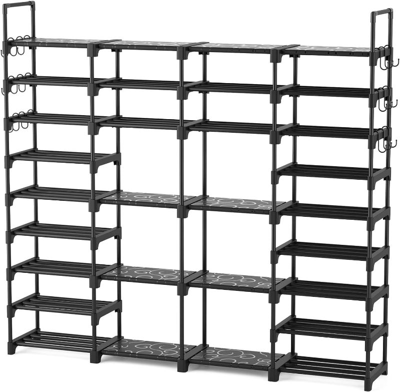 Photo 1 of ROJASOP Large Shoe Rack Organizer for Entryway Closet 64-68 Pairs 9-Tier Heavy Duty Tall Garage Shoe Rack Shoe Shelf Shoes Storage with 18 Pcs Removable Side Hooks for Bedroom and Garage Black
