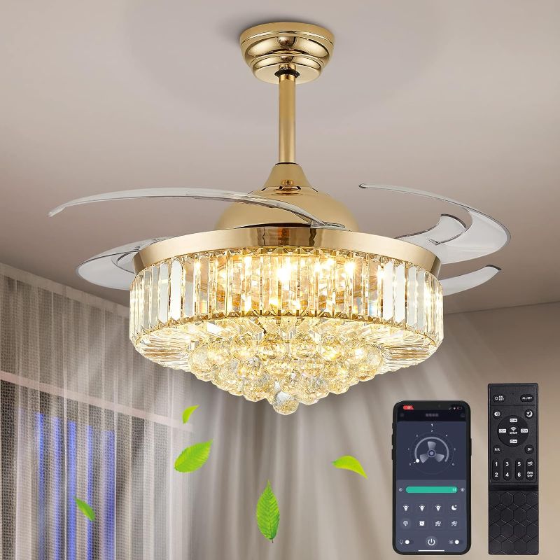 Photo 1 of CROSSIO 48" Modern Silver Crystal Ceiling Fan with Light and Remote Crystal Fandelier LED Dimmable Chandelier Fan with Invisible Reversible Fan Blades for Kitchen, Dining Room, Living Room,Bedroom
