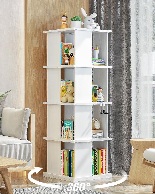 Photo 1 of ATRURAL Rotating Bookshelf, 4-Shelf 360° Solid Wood Book Shelf Tower, Stackable Revolving Bookcase Organizer for Living Room, Bedroom, Study(White 4 Tier)
