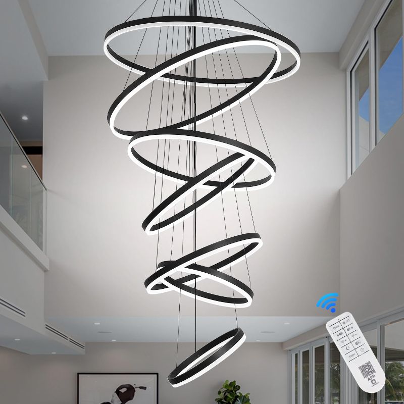 Photo 1 of XGZL · LIGHTING 7-Rings D31.5’’ Modern LED Chandelier Black Large Contemporary for Staircase, Dimmable Flush Mount High Ceiling Chandeliers with Remote Control for Villa Foyer Living Room(3000K-6500K) 7-Rings Black