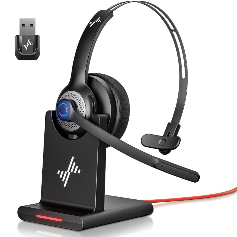Photo 1 of JIAMQISHI Bluetooth Headset - Wireless Headset with Noise Cancelling Microphone, V5.2 Computer Headphones with USB Dongle, Charging Base & Mic Mute for Work/Call Center/PC/Laptop/Online Class/Zoom