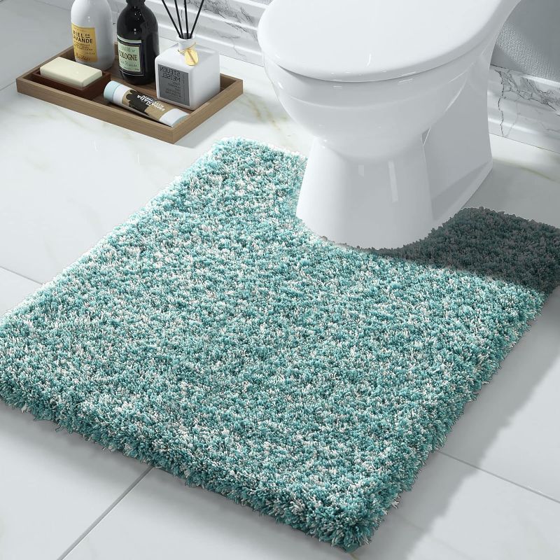 Photo 1 of Yimobra Fluffy Toilet Rugs U Shaped, Shaggy Soft Comfortable Non Slip, Water Absorbent Microfiber Bath Mat, Dries Quickly, Machine Washable Thick Bathroom Floor Rugs, 24"x 20", Peacock Blue & White