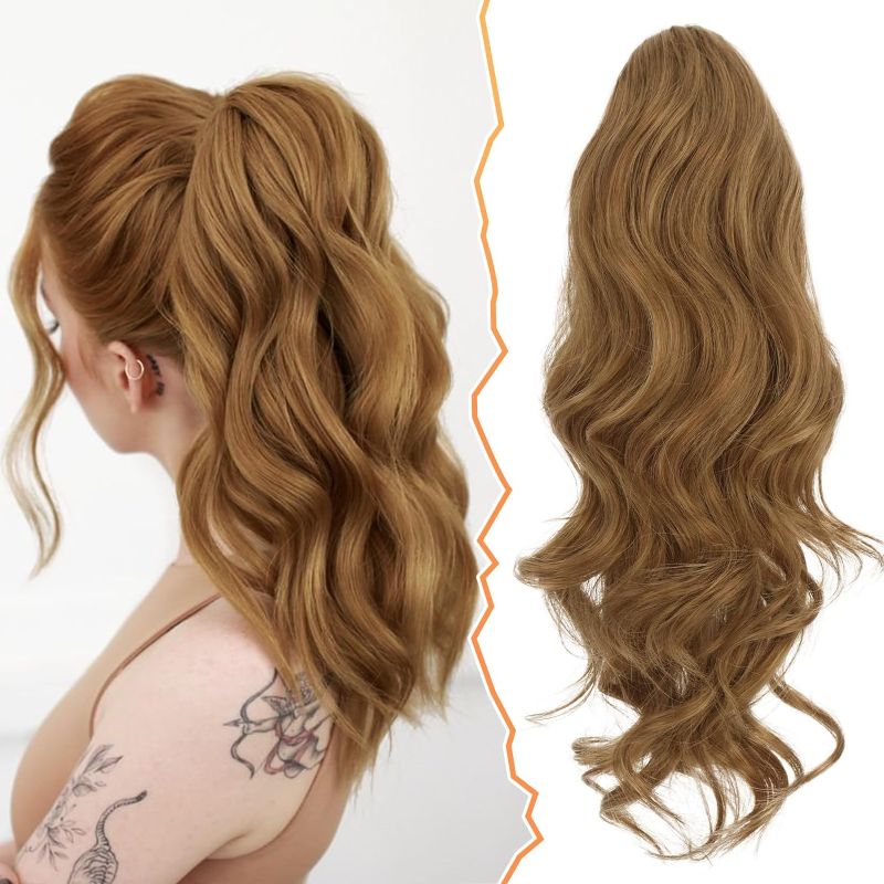 Photo 1 of BARSDAR Drawstring Ponytail Extension, 16'' Short Wavy Brown Blonde Ponytail Extension Synthetic Clip in Ponytail Hair Extensions Fake Pony Tail Hairpieces for Women Girls(Golden Brown & Blonde)