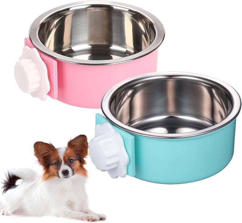 Photo 1 of kathson Crate Dog Bowl, Removable Stainless Steel Hanging Pet Cage Bowl Food & Water Feeder Coop Cup for Cat, Puppy, Birds, Rats, Guinea Pigs 2pcs(Blue,Pink)
