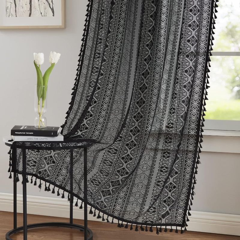 Photo 1 of Ronaldecor Black Boho Linen Textured Tassel Sheer Lace Curtains, Chic Crochet Geometry Knitting Rod Pocket Window Drapes for Living Room Bedroom, 2 Panels,84" L x 40" W
